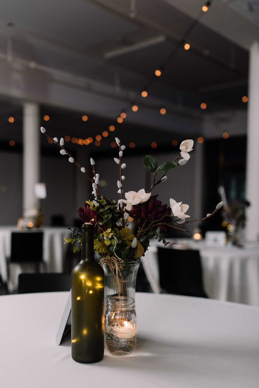 iowa winter wedding table decor string lighting eastbank wedding venue