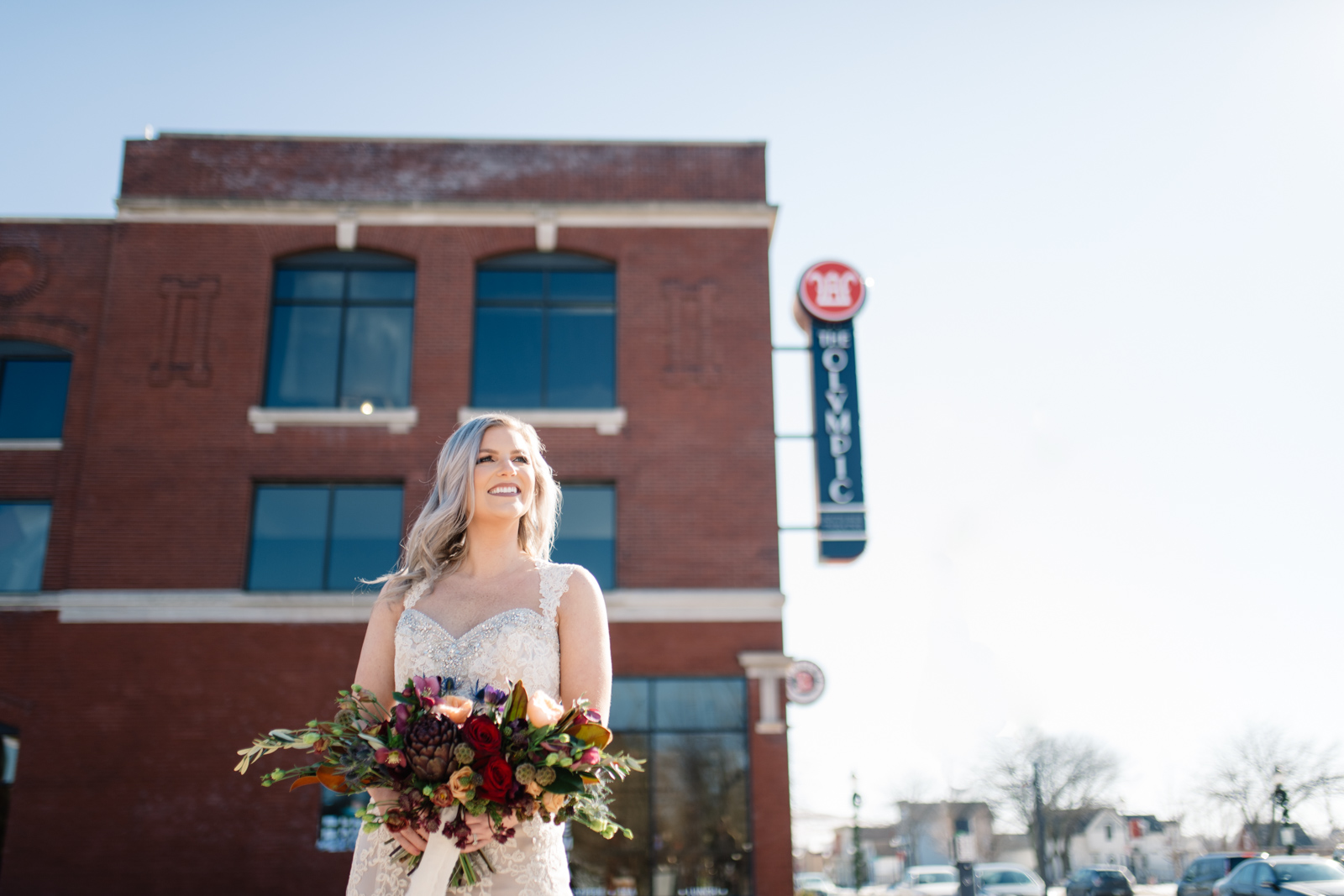 Bride outside The Olympic South Side Theater Wedding Venue