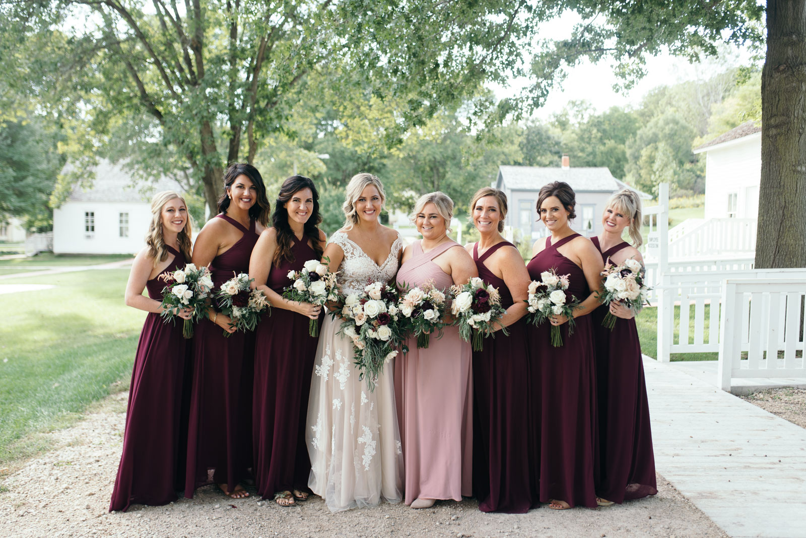 bride and bridesmaids at Ushers Ferry Historic Village wedding