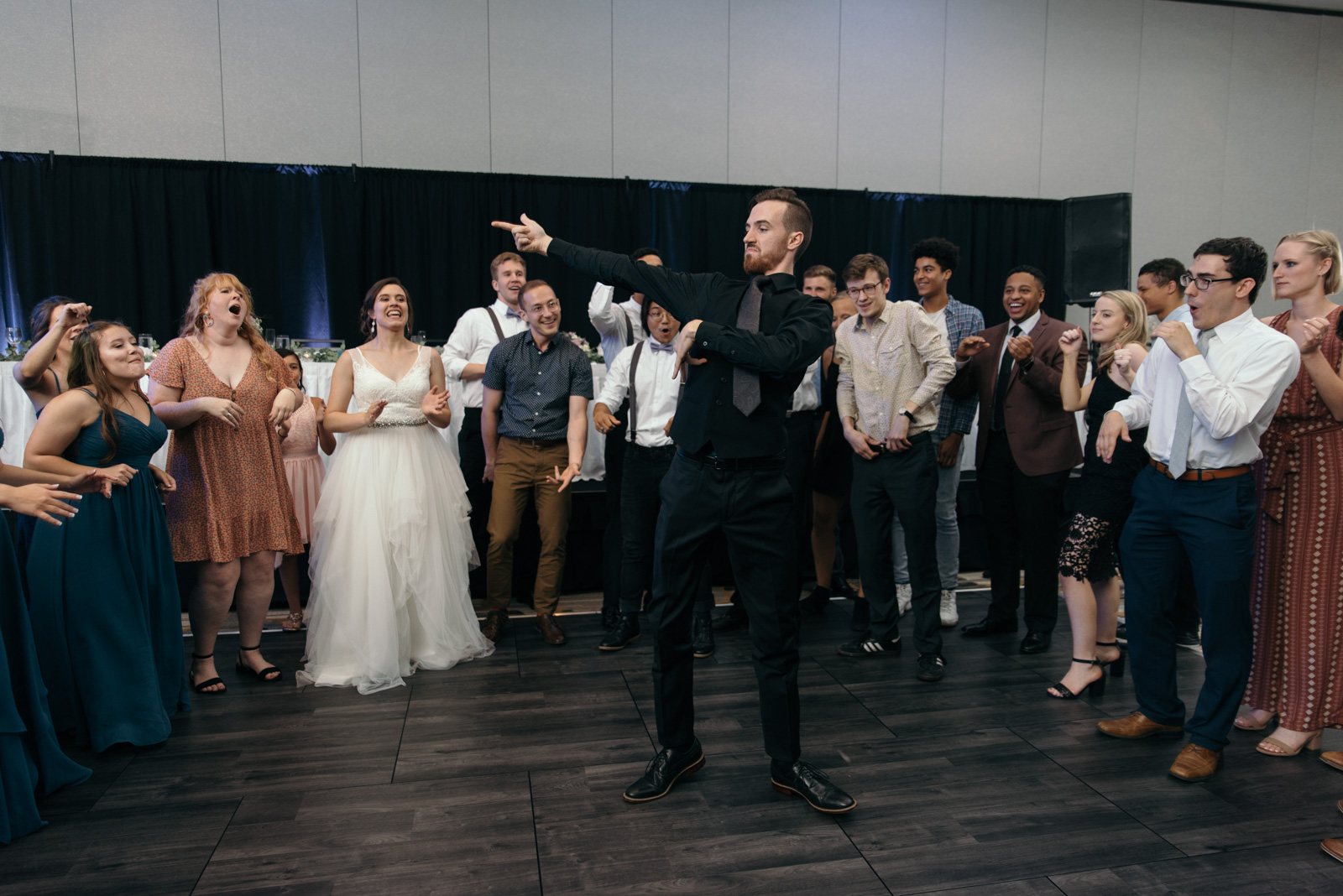 bridal party dance off at Coralville Marriott Hotel wedding
