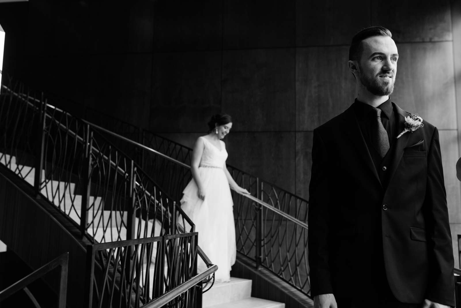 bride and groom first look Coralville Marriott Hotel Wedding