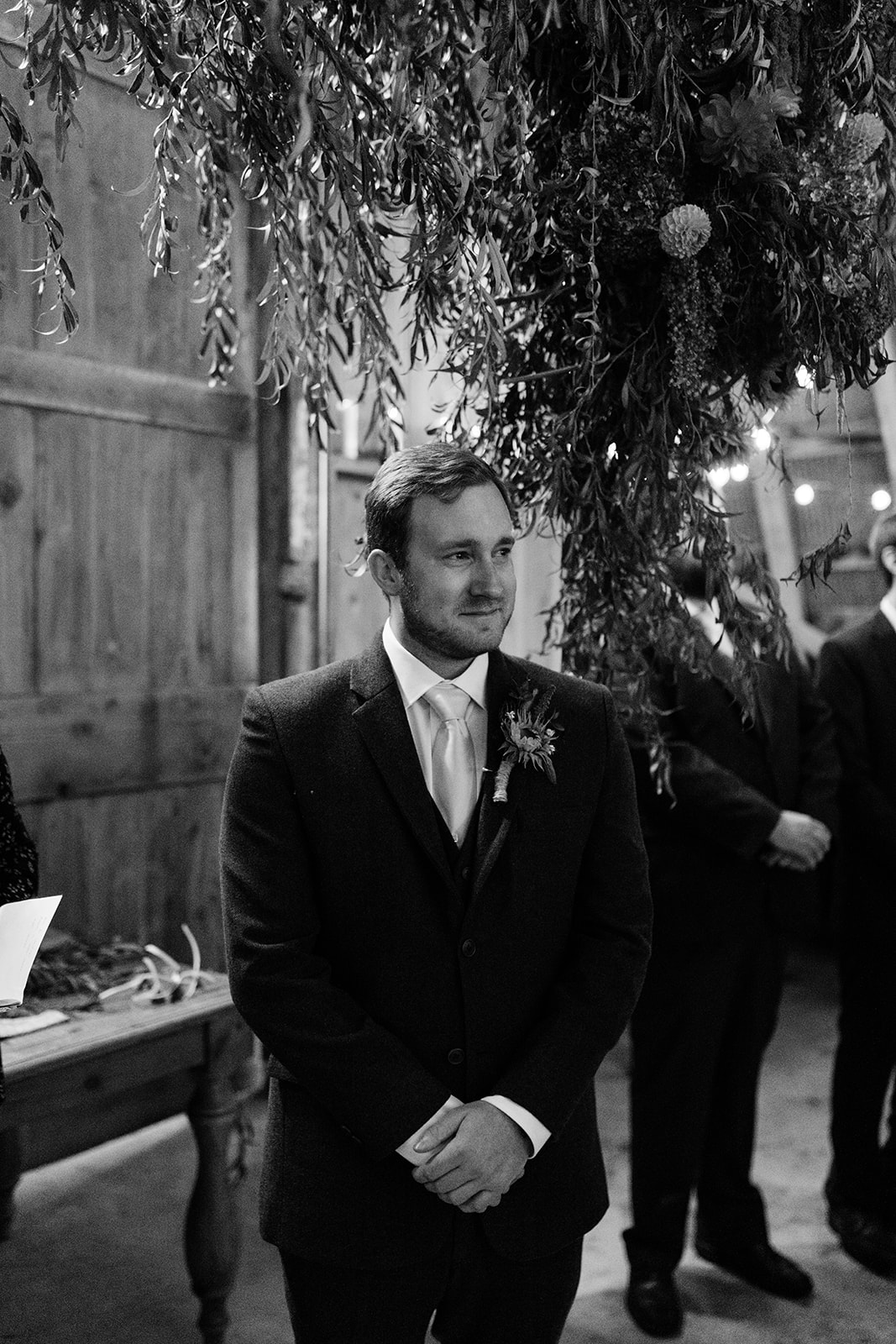 groom watching bride walk down the aisle wellman iowa fall wedding