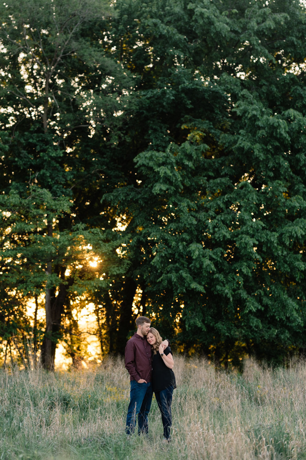 couple in field sunset george wyth state park engagement session