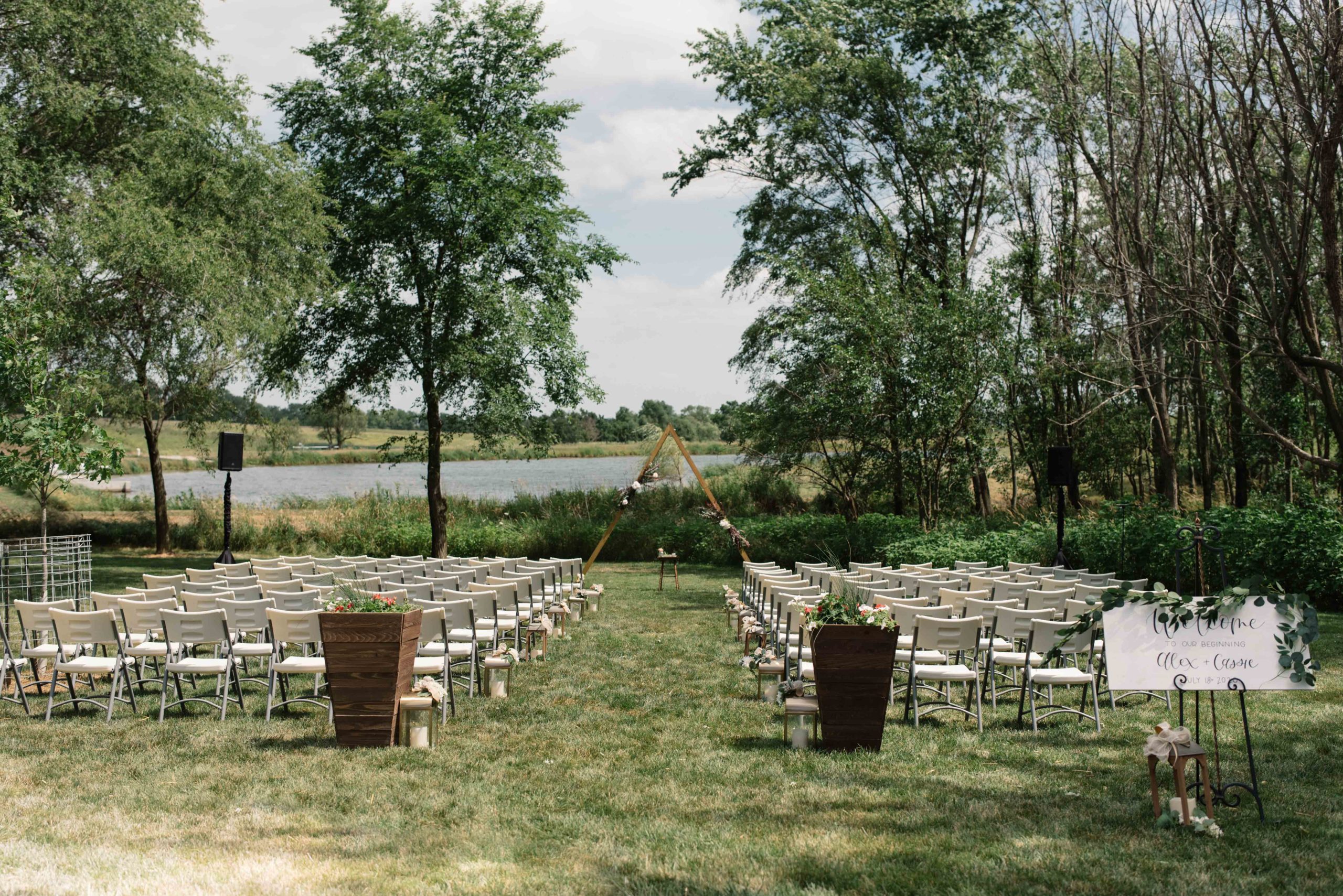 triangle wooden altar at outdoor Iowa barn wedding schafer century barn wedding venue