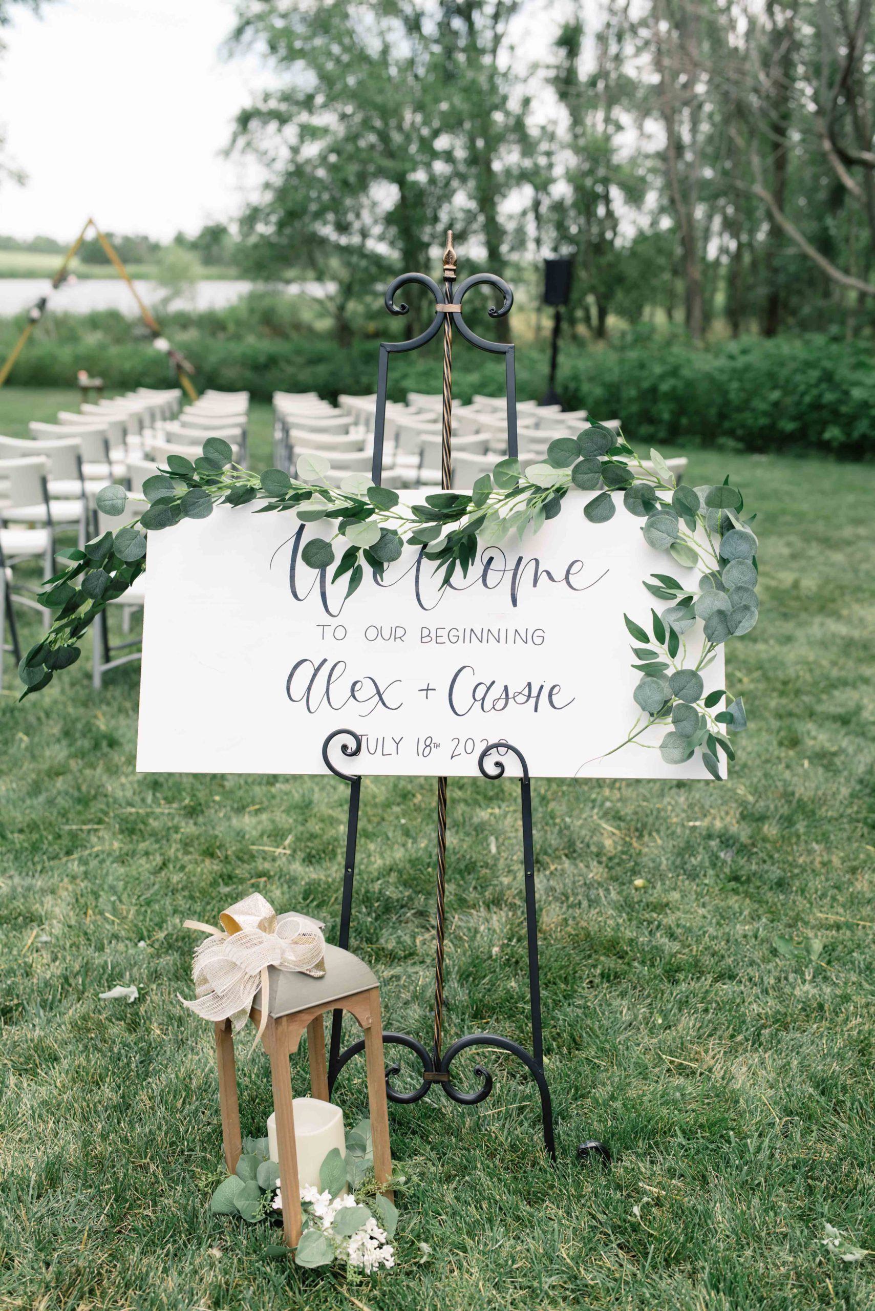welcome to our wedding sign with eucalyptus outdoor Iowa barn wedding