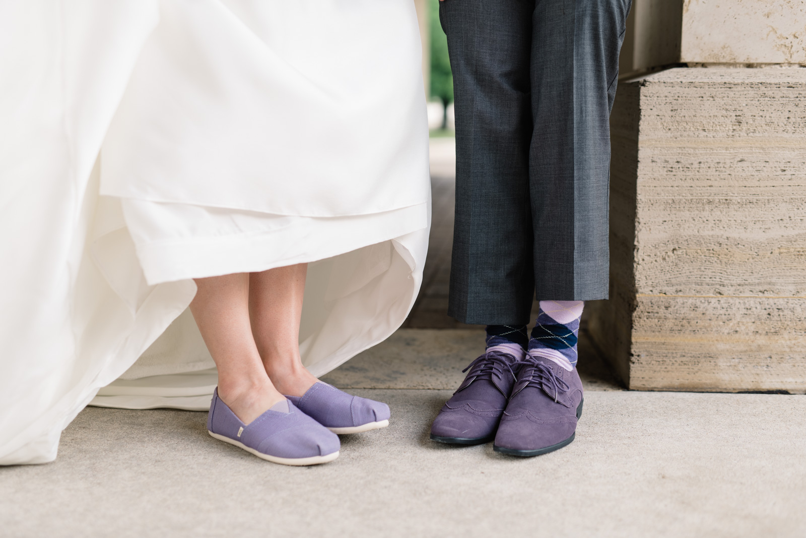 bride and groom purple shoes