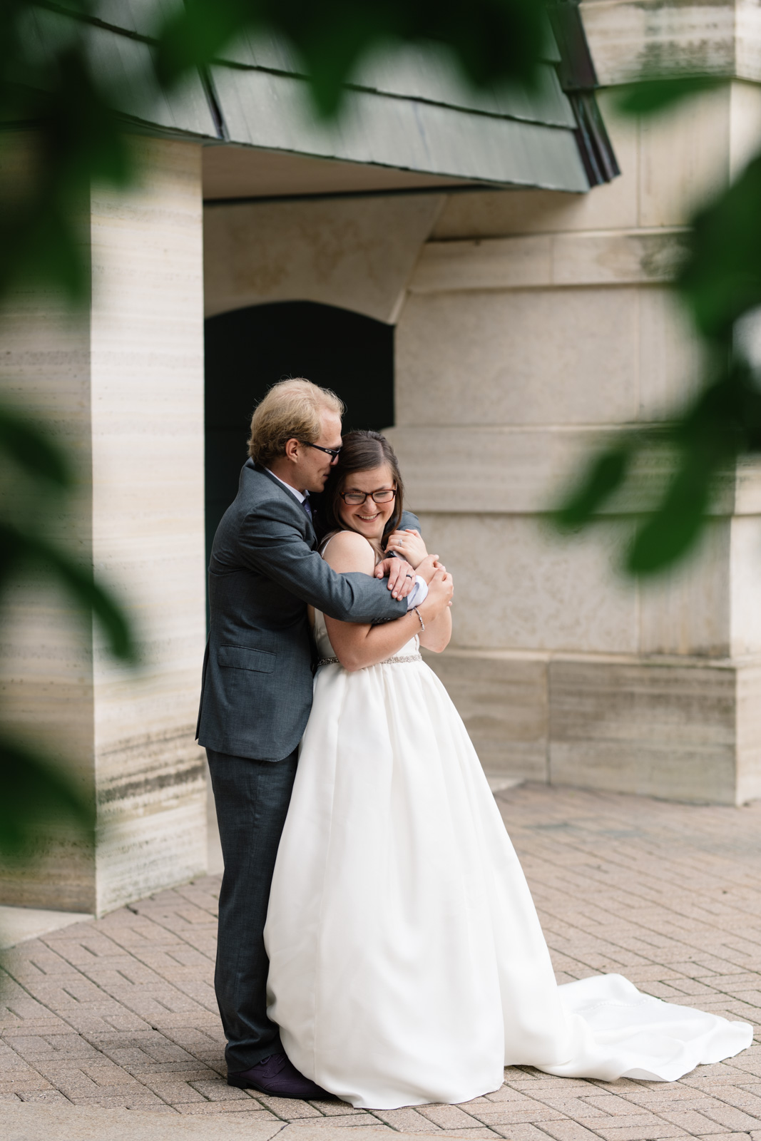 bride and groom outside wartburg college wedding