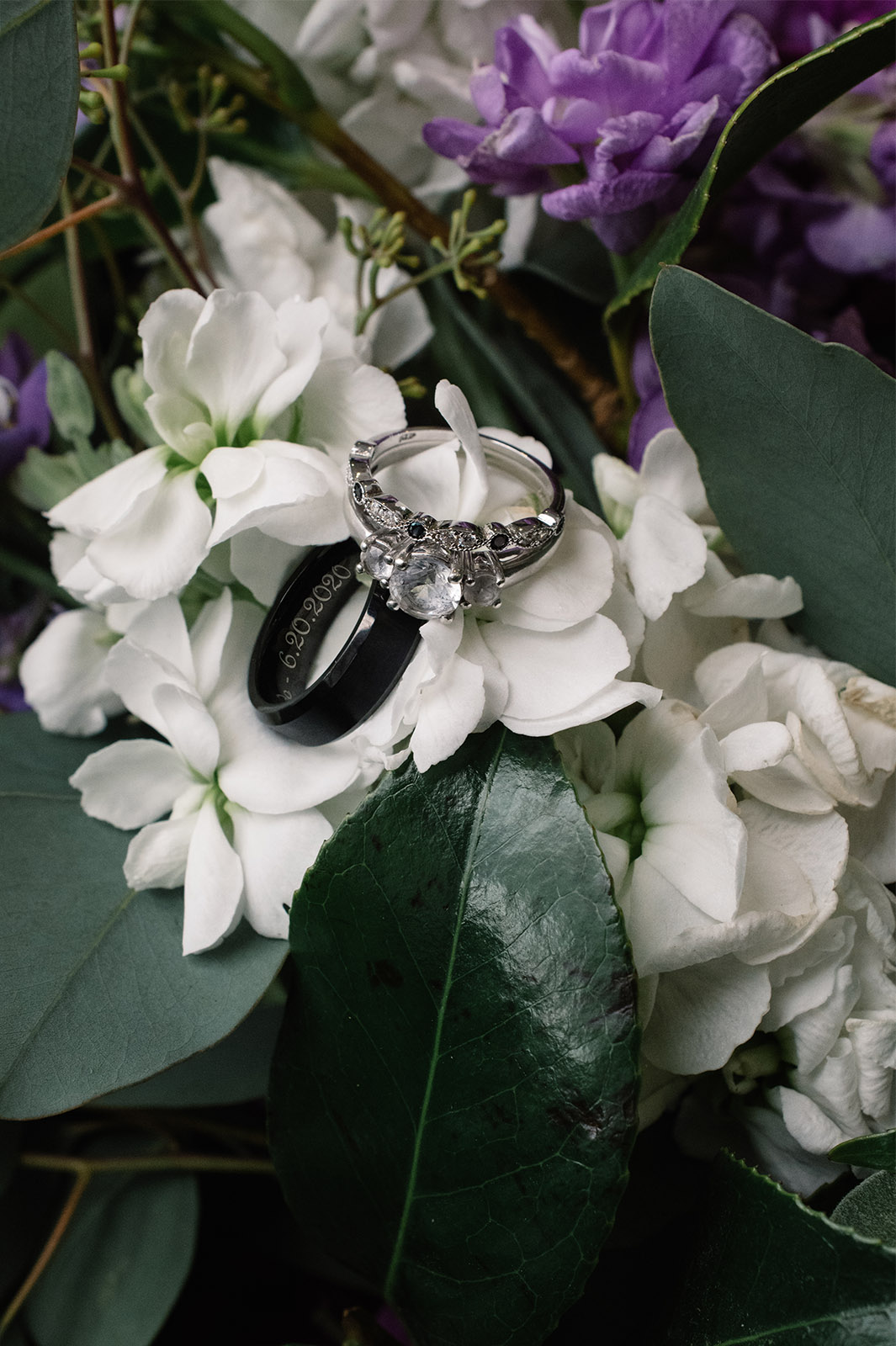 wedding rings in flower bouquet