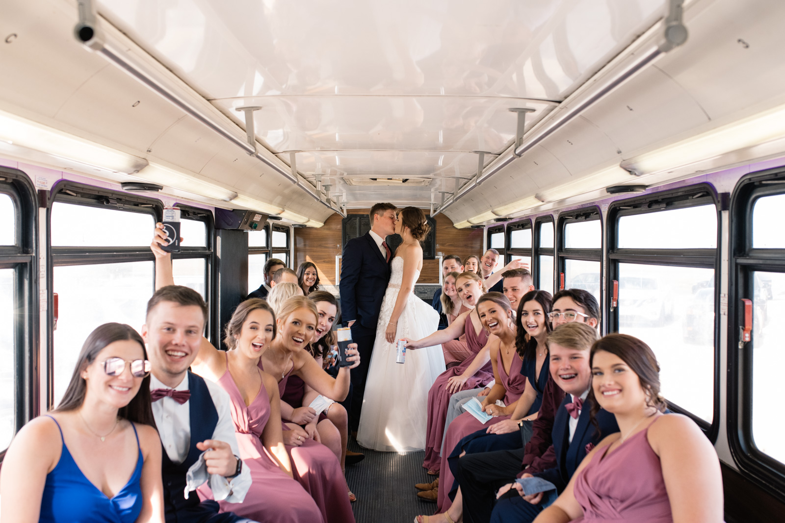 bridal party on party bus