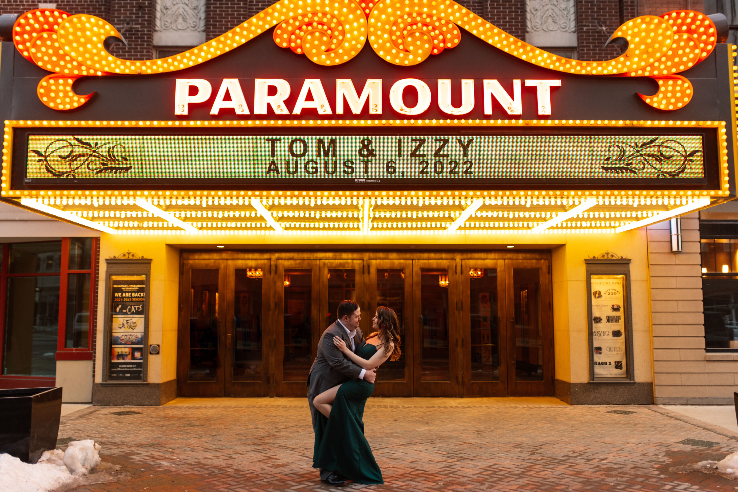 Paramount Theater Cedar Rapids Engagement and Wedding Photographer Izzy and Tom