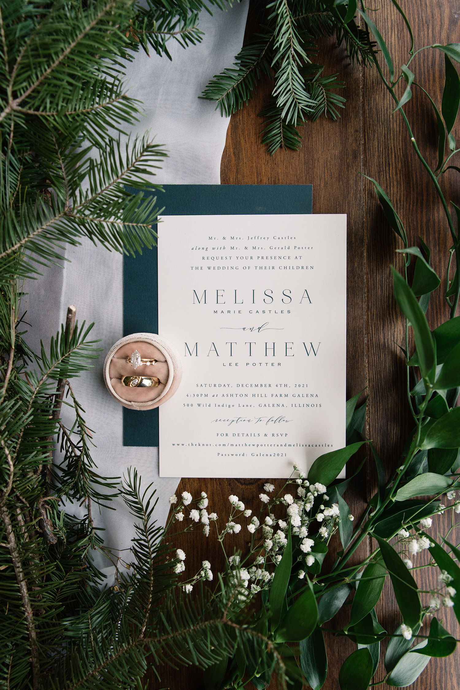 white and green wedding invitation suite